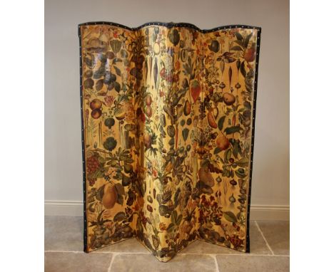 A 20th century four panel scrap screen, each arched panel applied with fruit and vegetable related scrap, the opposing side a