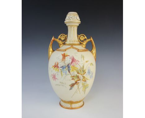 A Royal Worcester blush ivory twin handled vase, shape number 1200, late 19th century, decorated with front and rear hand pai