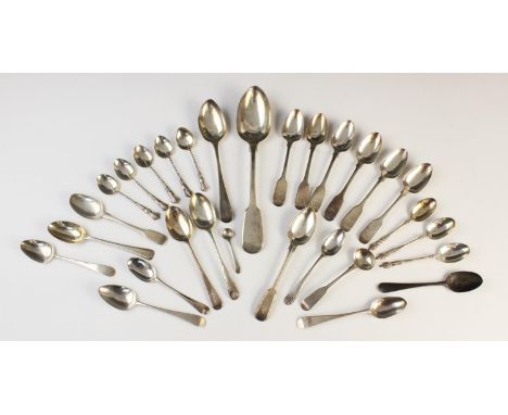 A large quantity of George III and later silver spoons, to include; a set of six George IV fiddle pattern teaspoons by Simon 