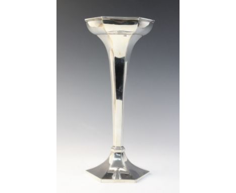 A George V silver vase by Walker &amp; Hall, Sheffield 1923, of tapering hexagonal form and upon spreading foot, 30.2cm high,