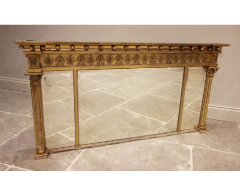A 19th century giltwood and gesso overmantel mirror, with a moulded pediment above applied beaded detail and a frieze moulded