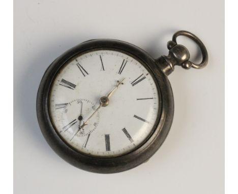 A Victorian silver pair cased pocket watch, the circular white enamel dial with roman numerals and subsidiary seconds dial, s