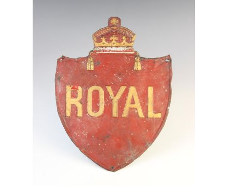 A painted tole ware plaque titled ?Royal?, 31cm Provenance: Ruyton Hall, ShropshireCondition report; 2cm gilt paint loss to t