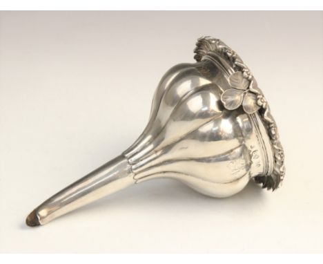 A George IV silver wine funnel by Rebecca Emes & Edward Barnard I, London 1828, pierced bowl with cast floral border and clov