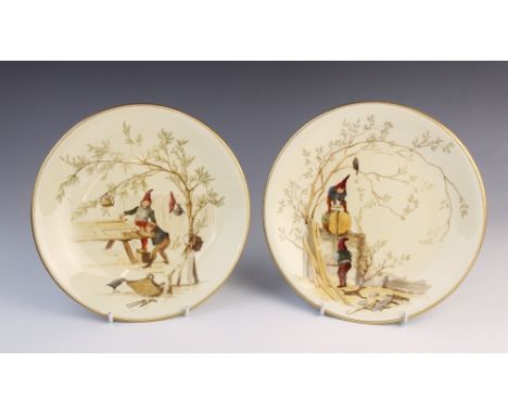 A pair of Royal Worcester 'Fairy Craftsman' plates, late 19th century, hand painted with polychrome designs depicting sawyers