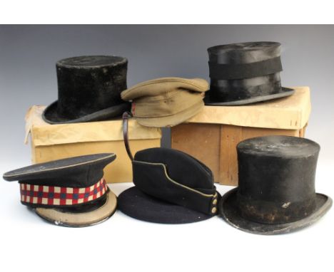 A collection of vintage hats to include three James Lock & Co Ltd moleskin top hat, one boxed for Lt Col R Myddleton of Chirk