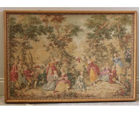 A 19th century silk woven allegorical tapestry, depicting a classical landscape with courting figures, 67cm x 99cm, framed 