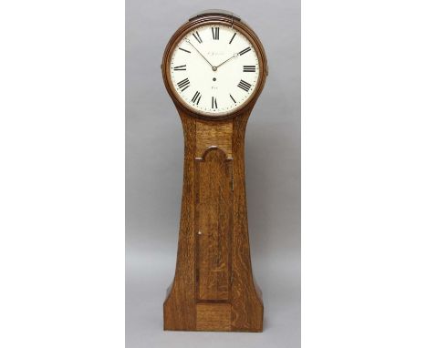 OAK NORFOLK SHAPED WALL CLOCK, the 13" enamelled dial inscribed J Giscard, Ely, the reverse stamped W Francis, on a brass fou