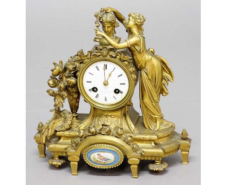 FRENCH GILT BRASS MANTEL CLOCK, late 19th century, the 3" enamelled dial inscribed Alfred B Pearce, 23 Ludgate Hill, on a bra