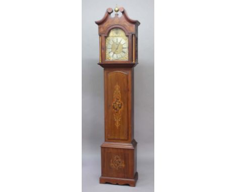 MAHOGANY AND INLAID MUSICAL LONGCASE CLOCK, the brass dial with 11 1/2" silvered chapter ring with subsidiary seconds dial an