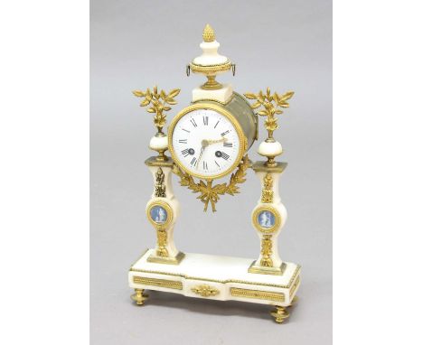 FRENCH GILT METAL AND MARBLE MANTEL CLOCK, the 3 3/4" dial on an eight day movement striking to a bell, stamped 'Japy Fils, M