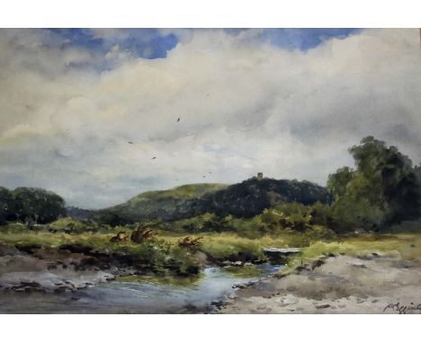 •WYCLIFFE EGGINTON (1875-1951) HEATHLAND SCENE WITH A TOWER (POSSIBLY CONYGAR TOWER, DUNSTER) Signed, watercolour 34.5 x 50.5