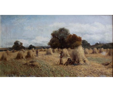 WILLIAM MANNERS (Fl.1885-1910) A REST DURING HARVEST Signed and dated 1891, oil on canvas 32 x 57cm. ++ Patched repair at rig
