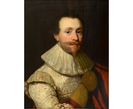 CIRCLE OF DANIEL MYTENS (1590-1647) PORTRAIT OF A GENTLEMAN Quarter length, wearing a cream tunic, a leather glove and a red 