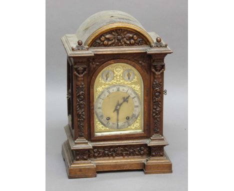 OAK BRACKET CLOCK, the brass dial with silvered 6" chapter ring beneath Fast Slow and Chime Silent dials surrounded by gilt f