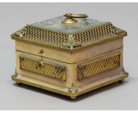 FRENCH SILK AND GILT METAL MOUNTED JEWELLERY BOX, later 19th century, the cover with engraved glass panel inside trellis work