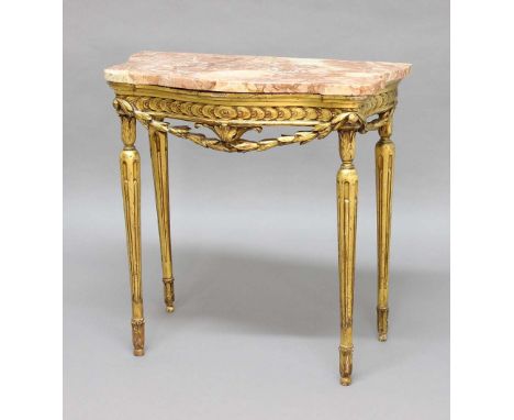 LOUIS XVI STYLE GILTWOOD CONSOLE TABLE, of serpentine form, the peach and cream marble top above a moulded ftieze and harebel