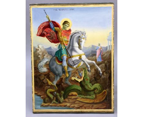 THE SAINT AND GREAT MARTYR GEORGE,  a Greek icon of the saint slaying the dragon, oil on panel, signed ?Dionysus Monagos? and
