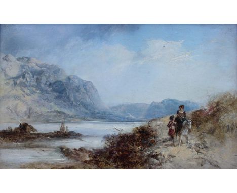 ATTRIBUTED TO JAMES BAKER PYNE (1800-1870) FIGURES WITH A PONY ON A LOCHSIDE PATH; THREE FIGURES WITH A DOG BY A CROFT BY A L