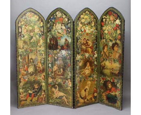 VICTORIAN DECOUPAGE FOUR FOLD SCREEN, the arched panels decorated with figural and floral prints, height 195cm, width of each