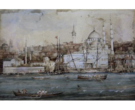 CIRCLE OF WILLIAM HENRY BARTLETT  (1809-1854) THE GOLDEN HORN, CONSTANTINOPLE Watercolour and pencil 18 x 26cm.; with two wat