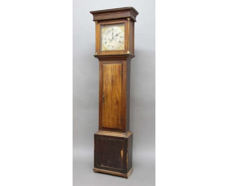 MAHOGANY LONGCASE CLOCK, the brass dial with 11" silvered chapter ring enclosing a subsidiary seconds dial and date arch and 