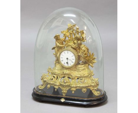 FRENCH GILT METAL MANTEL CLOCK, the 3" enamelled dial on a brass, eight day movement, the case modelled as figures before rui