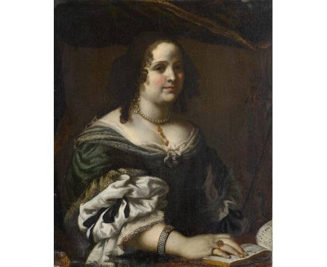 CIRCLE OF CARLO CERESA (1609-1679) PORTRAIT OF AN OPERA SINGER Seated, half length, wearing a blue dress and pearl jewellery,