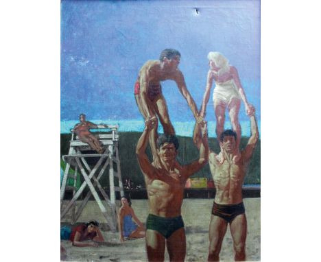 BUDWIN CONN (American, 1927-2007) BEACH GAMES With signature, title Portrait of/ Mary Jane Reilly and date 58-64 verso, oil o