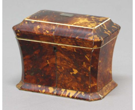 GEORGE III TORTOISESHELL AND IVORY LINED TEA CADDY, of waisted form with twin canister interior, height 15cm, width 19.5cm, d