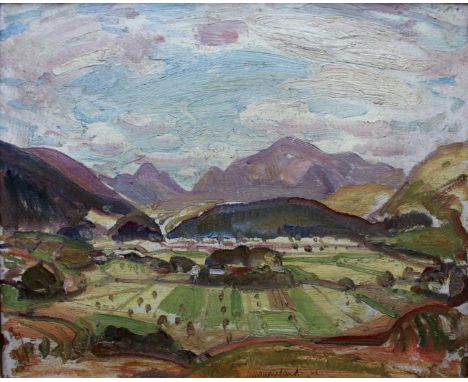 •DAVID MACBETH SUTHERLAND, RSA (1883-1973) HIGHLAND LANDSCAPE, POSSIBLY WESTER ROSS Signed and dated 32, artist's label verso
