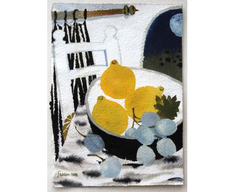 •MARY FEDDEN, RA (1915-2012) GRAPES AND LEMONS ON A TABLE Signed and dated 1988, watercolour 19 x 14cm. Provenance: London, 2
