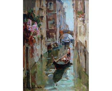 •ANGELO BROMBO (1893-1962) GONDOLA ON A VENETIAN BACKWATER Signed, oil on board 23.5 x 17cm. ++ Needs a light clean