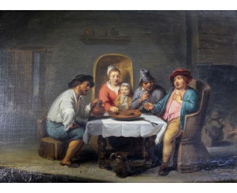 CIRCLE OF WILLEM VAN HERP (1614-1677) FIGURES AT A TABLE IN A COTTAGE INTERIOR Bears an indistinct monogram and date, oil on 