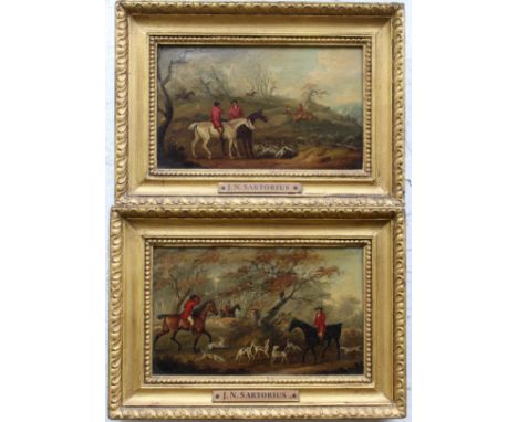 ATTRIBUTED TO JOHN NOST SARTORIUS (1759-1828) HUNTING SCENES A pair, oil on panel laid on panel Each 9.5 x 16cm. (2) ++ Each 