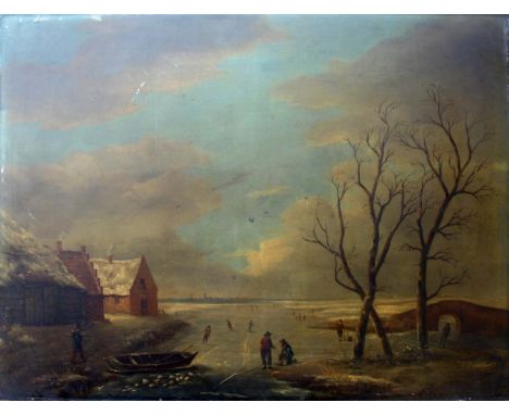 HERMANUS DONSELAER (1761-1829) WINTER LANDSCAPE WITH FIGURES ON A FROZEN RIVER Signed, oil on panel 35 x 46cm. ++ Some surfac