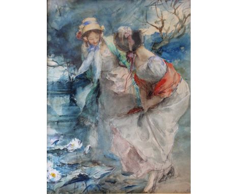 ANTON CALBET (1860-1944) GIRLS IN A PARK Signed in pencil, watercolour and pencil 31 x 23cm. ++ Needs a light clean