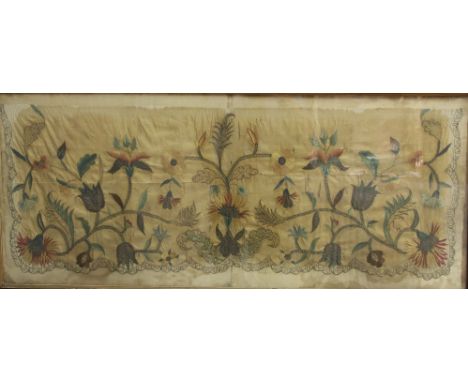 SILK ALTAR FRONT, possibly late 17th or early 18th century, worked with meandering flowers on an ivory silk ground, mounted o