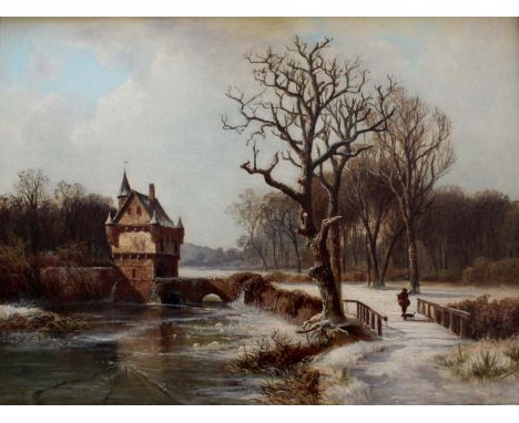 WILHELM THEODOR NOCKEN (1830-1905) SPORTSMAN AND HIS DOG ON A FOOTBRIDGE IN A WINTER LANDSCAPE Signed, oil on canvas 45.5 x 6