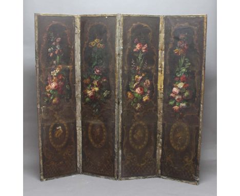 VICTORIAN PAINTED LEATHER FOUR FOLD SCREEN, each panel with floral sprays inside scrolling frames, height 191cm, total width 