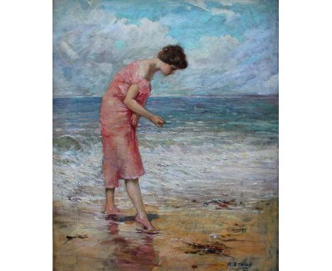 R** STONE (Fl.c.1921) GATHERING SHELLS Signed and dated 21, also incised with initials at the water's edge, oil on panel 30 x