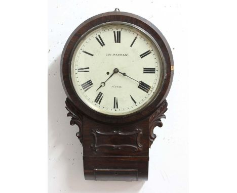 ROSEWOOD WALL CLOCK, early 19th century, the 11 1/2" enamelled dial inscribed Geo. Wadham, Bath, on a brass, eight day, twin 