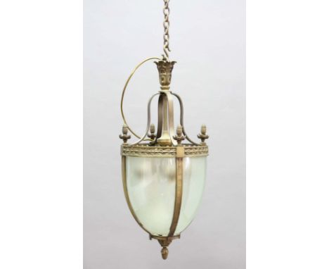 BRASS CEILING PENDANT LIGHT, of ovoid form, the four frosted glass panels inside a frame with fruiting foliage and flower bud