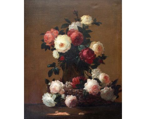 ENGLISH FOLLOWER OF IGNACE HENRI THEODORE FANTIN LATOUR (1836-1904) OLD ENGLISH ROSES Oil on canvas 57.5 x 47.5cm. Provenance