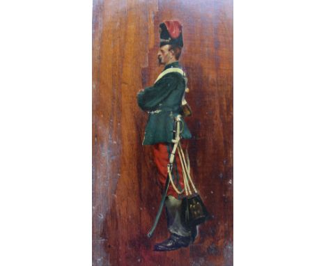 CIRCLE OF JEAN BAPTISTE EDOUARD DETAILLE (1848-1912) A FRENCH SOLDIER IN UNIFORM Oil on panel, vignette, unframed 31.5 x 16.5