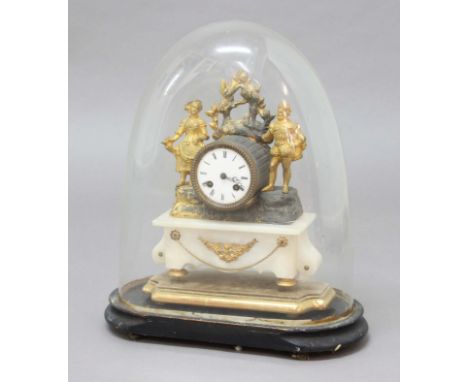 FRENCH MANTEL CLOCK, the 3" enamelled dial on brass movement striking to a bell, the case with gilt figures on a white alabas