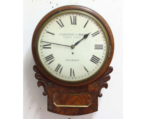 WALNUT AND BRASS INLAID DROP DIAL WALL CLOCK, mid 19th century, the 11 1/2" enamelled dial inscribed Parsons &amp; Horne, Cas