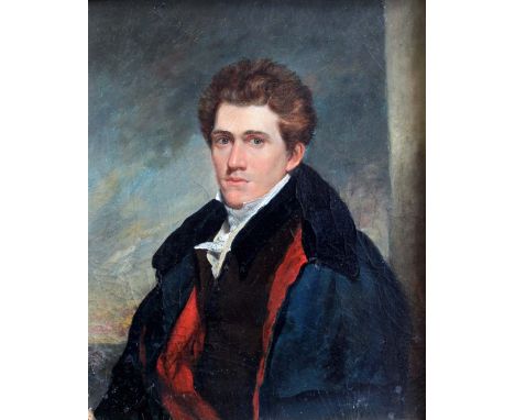 FOLLOWER OF HENRY WYATT (1794-1840) PORTRAIT OF A GENTLEMAN Quarter length, wearing a brown coat and blue cloak, oil on board