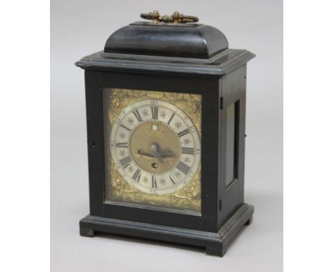 EBONISED BRACKET CLOCK, the brass dial with 6.5" chapter ring enclosing a date aperture and bob pendulum, inside cherub head 