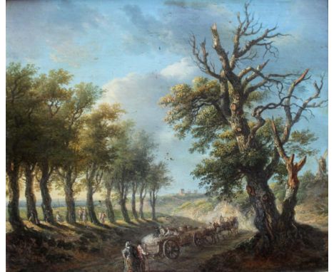 FOLLOWER OF GEORGE ARNALD, ARA (1763-1841) TRAVELLERS WITH A WAGON ON A COUNTRY ROAD Oil on panel 29.5 x 34.5cm. ++ Some craq